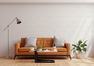 Wohnzimmer-Wandmodell mit Ledersofa und Dekor auf weißem Gipswandhintergrund.3d Rendering