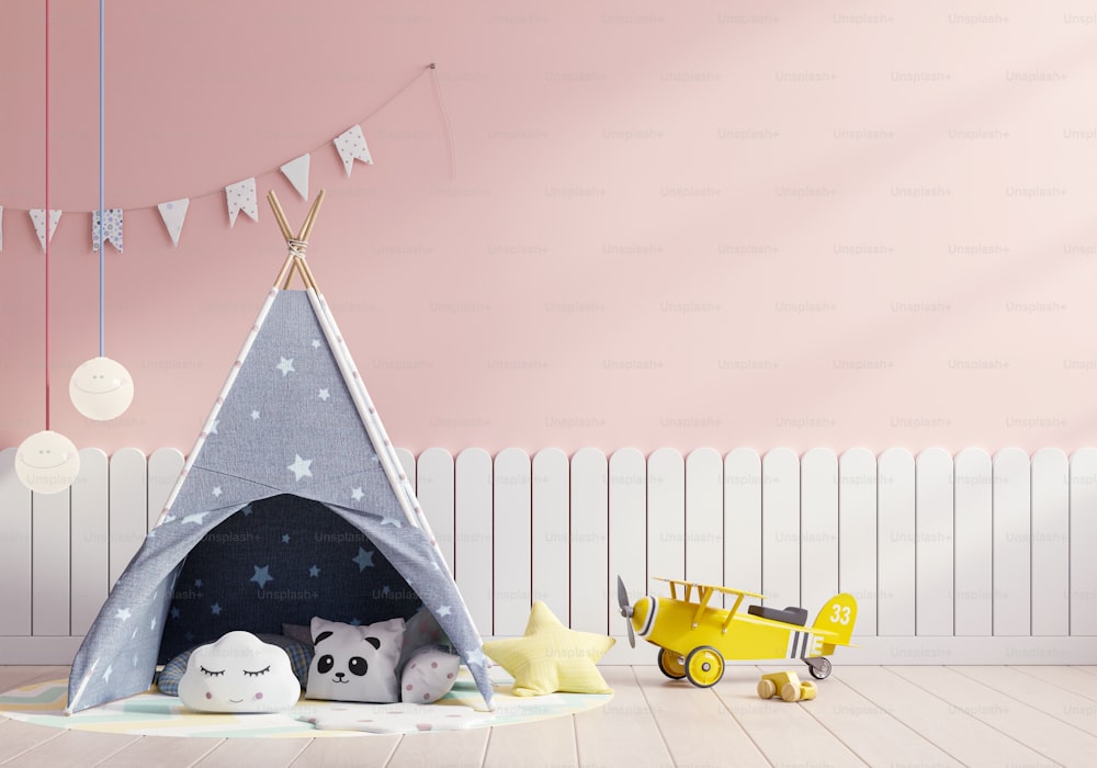 Intérieur de la chambre d’enfant avec tente de jeu, maquette murale pour enfantsrendu .3d