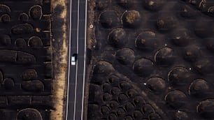Weißes Autofahrzeug, das auf einer langen geraden Straße in malerischem Vulkan fährt und fährt. Oben Drohnen-Luftaufnahme von Menschen und Reisekonzept. Schwarzer Sand vulkanischer Boden aus vertikaler Sicht