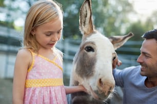 a man and a little girl petting a donkey