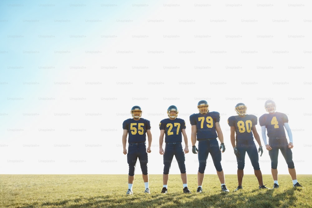 Retrato de corpo inteiro de um grupo de futebolistas profissionais em pé em uma fila contra o céu brilhante