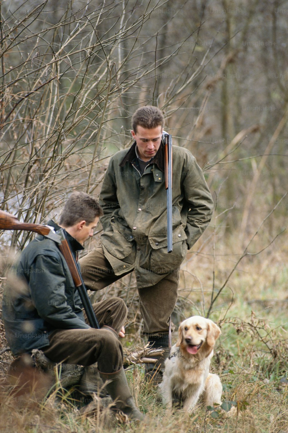 a man with a gun and a dog in the woods