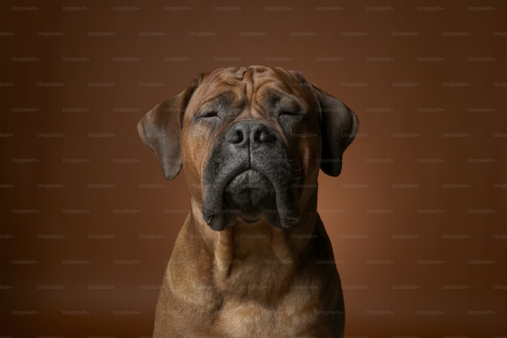 um grande cão marrom com um olhar triste em seu rosto