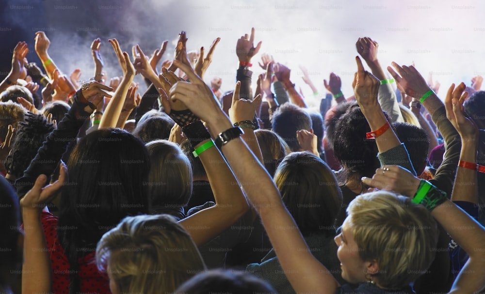 a crowd of people with their hands in the air