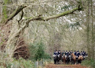 GLOUCESTERSHIRE, ENGLAND - DECEMBER 26:  Hunters participate in the traditional fox and hound hunt on boxing day, December 26, 2003 in Gloucestershire, England. Despite the rain many countryside supporters turned out in support of the hunt, a controversial tradition in the countryside of England. A bill deciding the future of the hunt is currently in sitting in English Parliament.