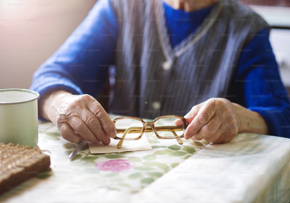 Old woman is sitting in her country style kitchen