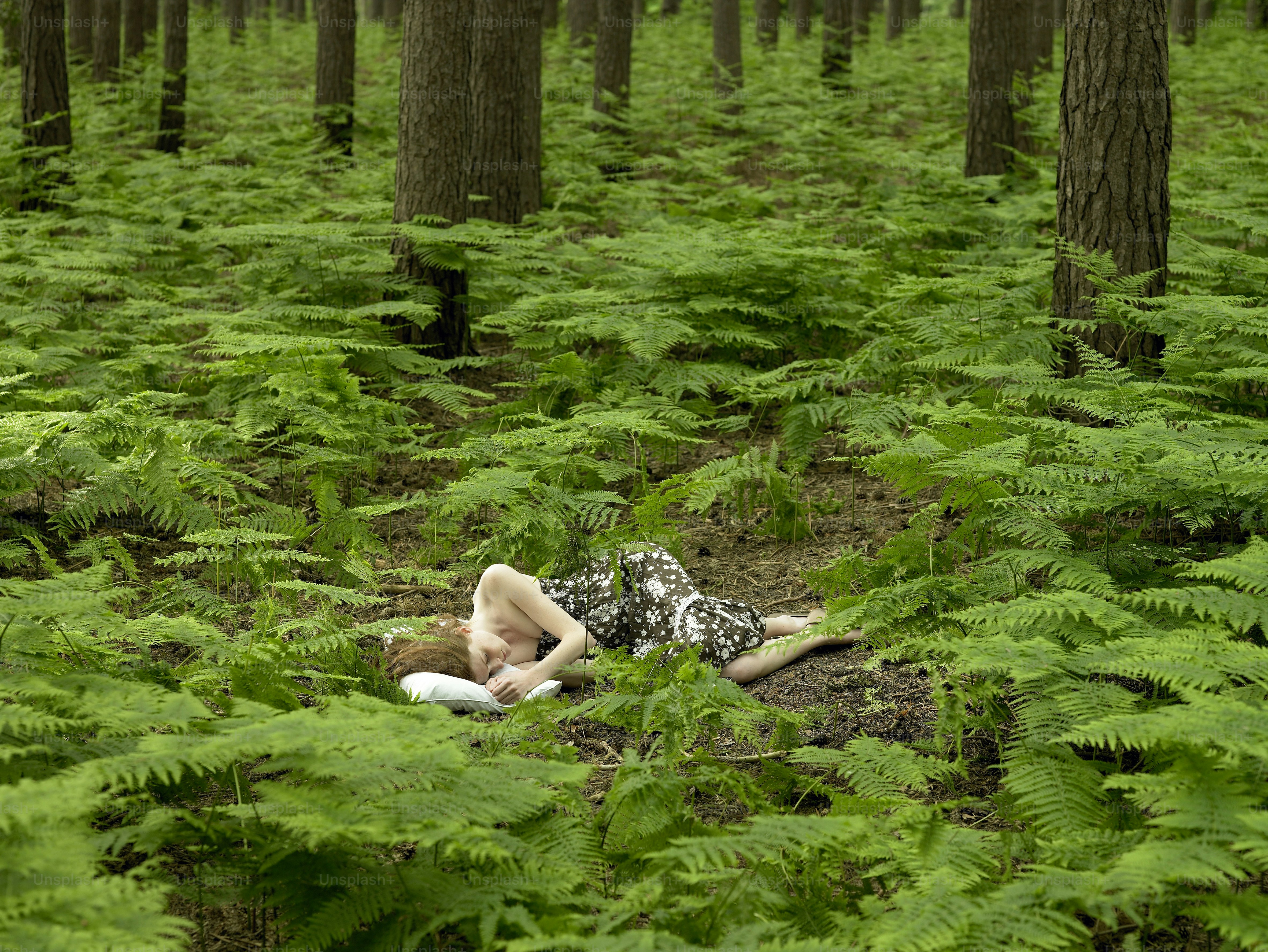 森の真ん中で地面に横たわる女性