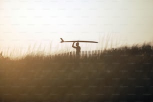 uma pessoa segurando uma prancha de surf sobre a cabeça
