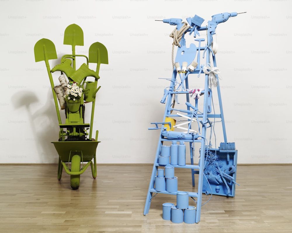 a green chair and a blue and white sculpture