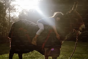 Una donna è seduta sopra un cavallo