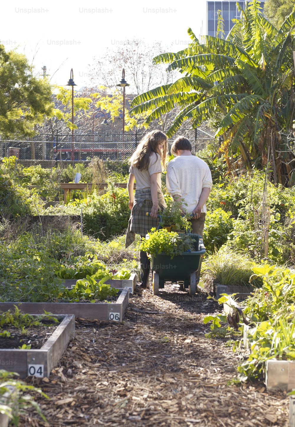 a man and a woman walking through a garden