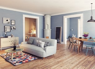 Appartamento moderno. Stile di design scandinavo. Concetto di illustrazione di rendering 3D