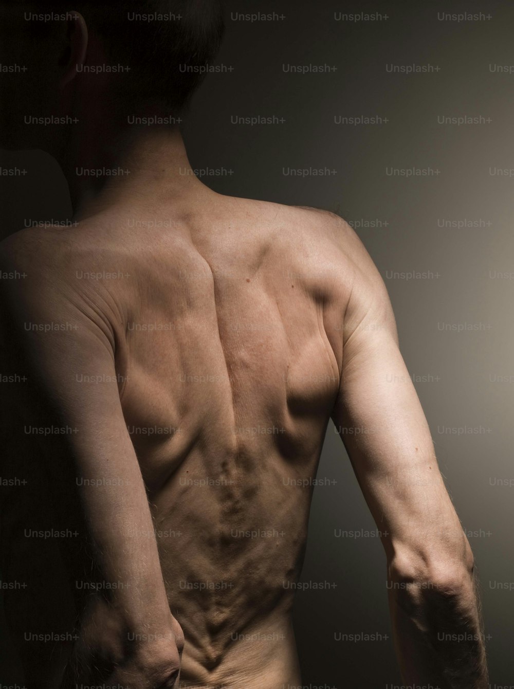 La schiena di un uomo senza camicia