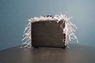 a piece of luggage with shredded paper on top of it