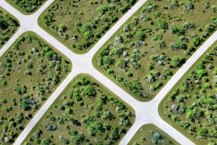an aerial view of a road surrounded by grass and trees
