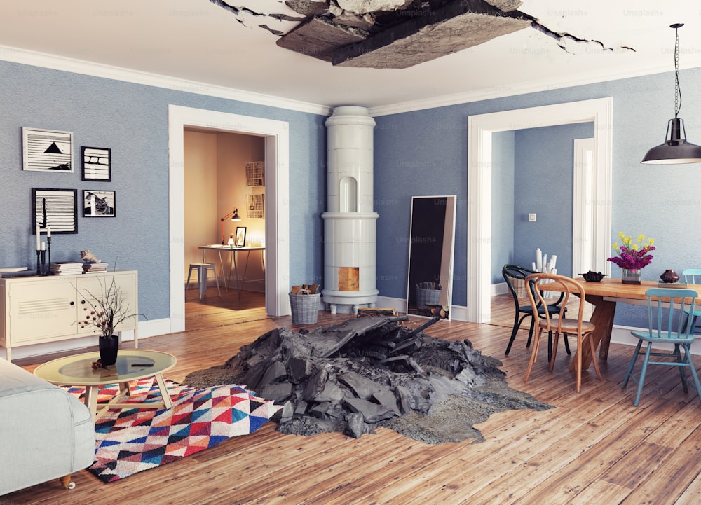Modern interior and destroyed floor and ceiling. 3d rendering illustration concept