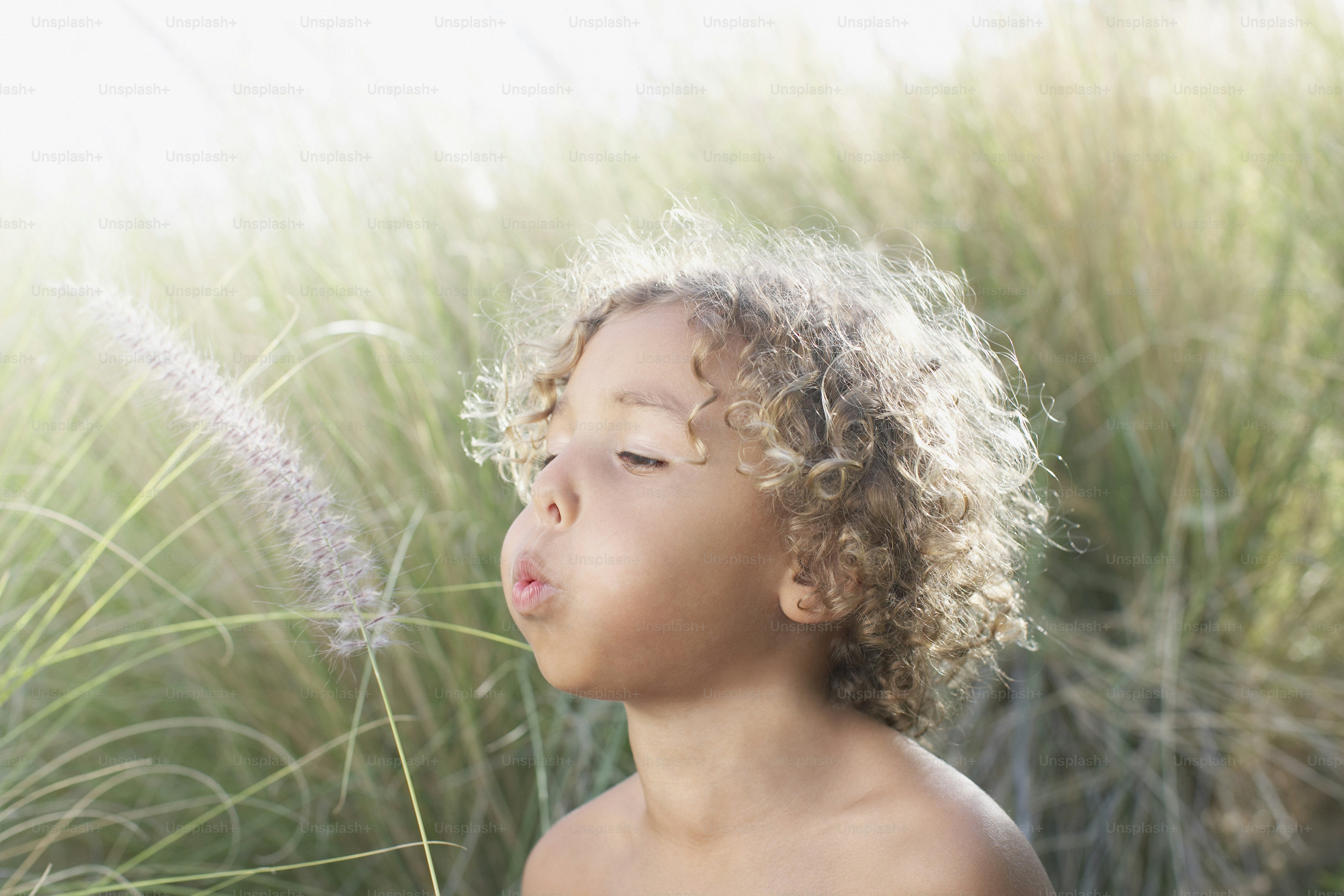 a young boy with curly hair blowing in the wind