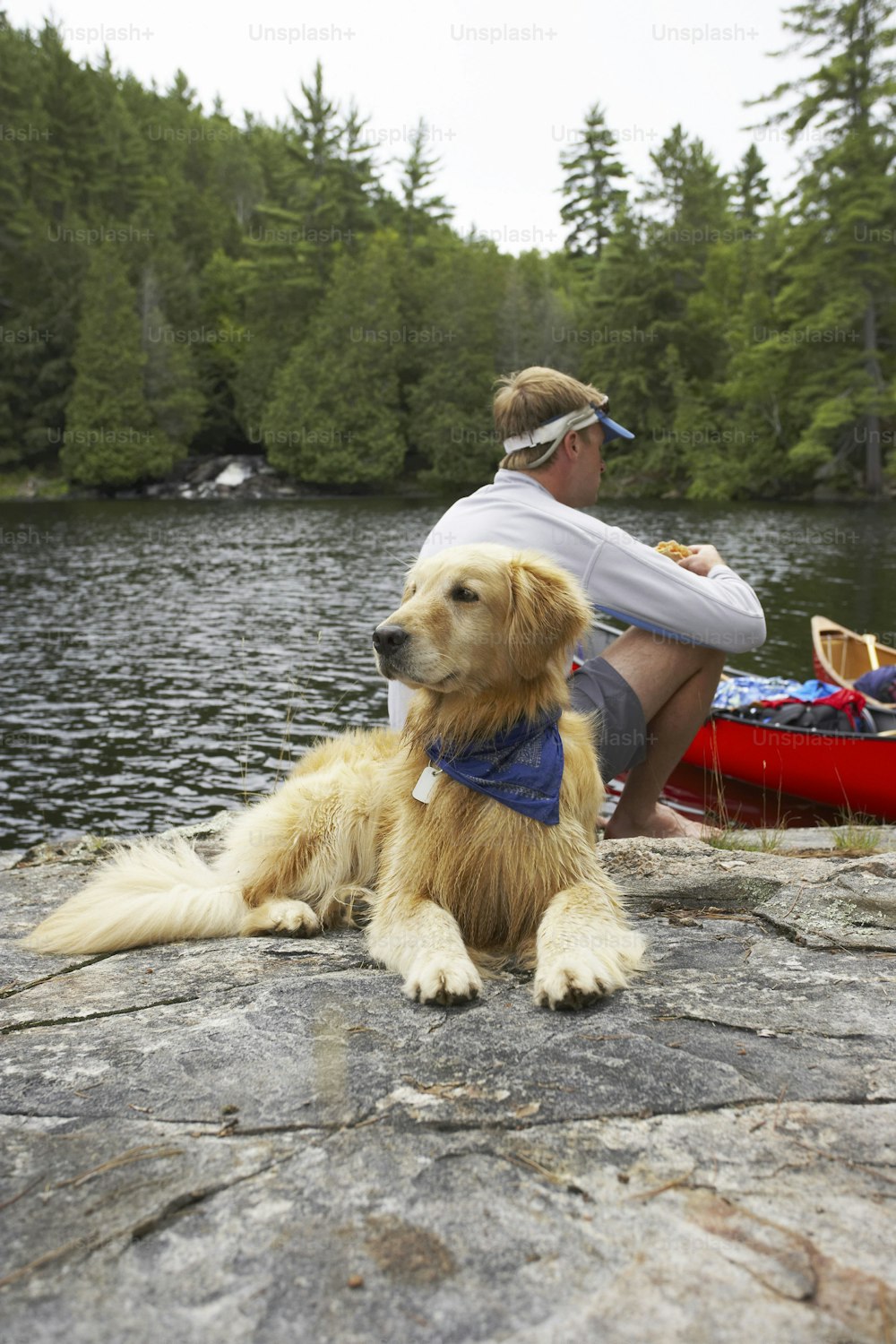 Un homme assis sur un rocher à côté d’un chien