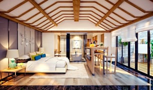 Render 3D Dormitorio moderno en la azotea con balcón terraza