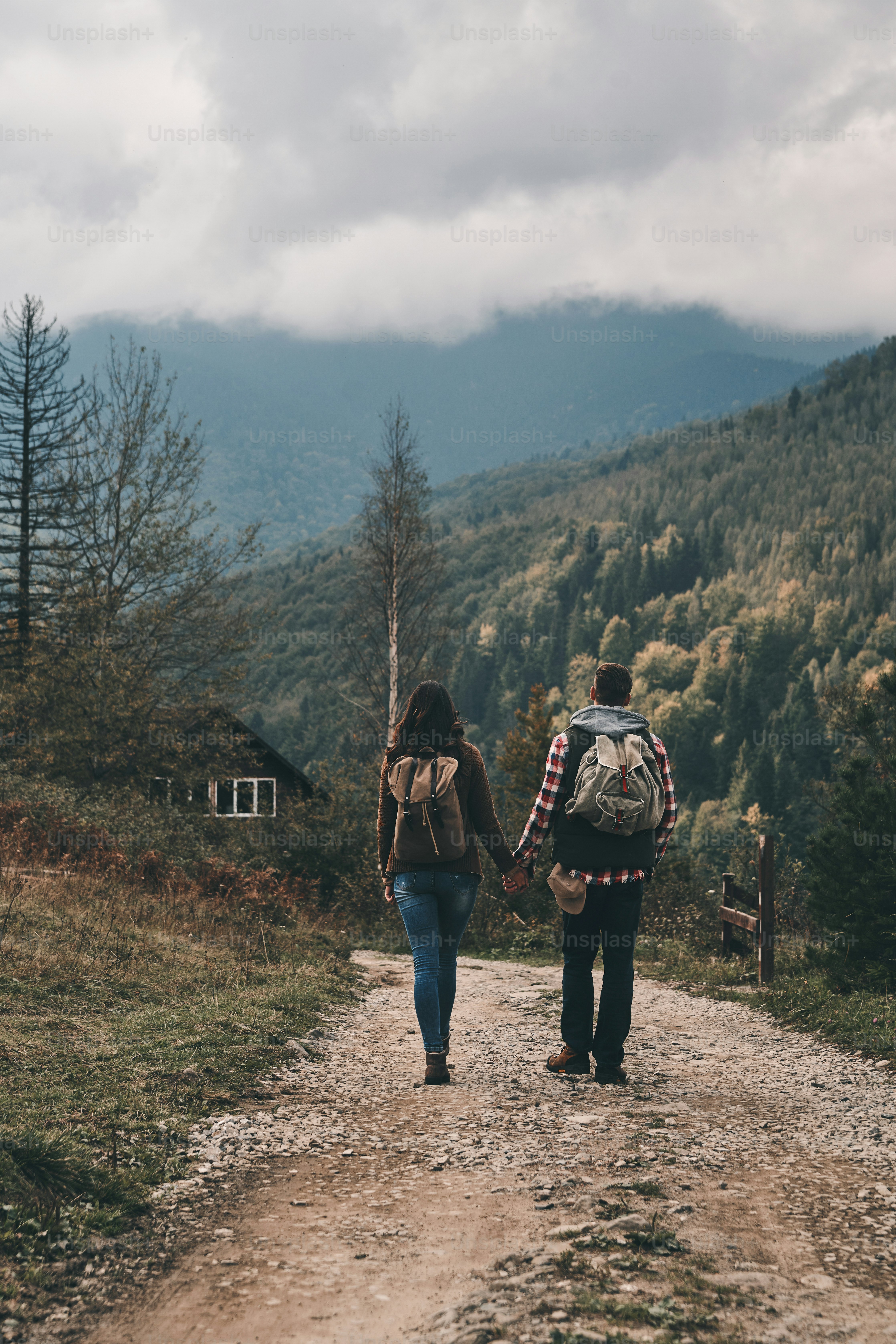 Full length rear view of young couple holding hands while hiking in ...
