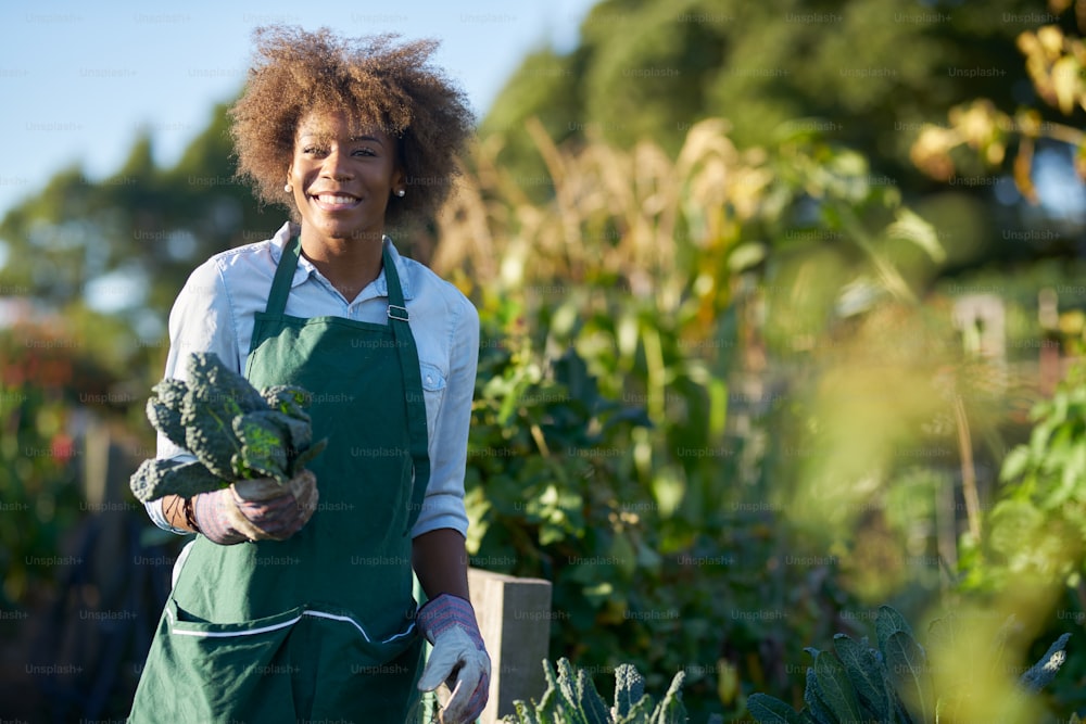 Mujer afroamericana sosteniendo col rizada recién recogida del jardín comunitario comunal posando para retrato