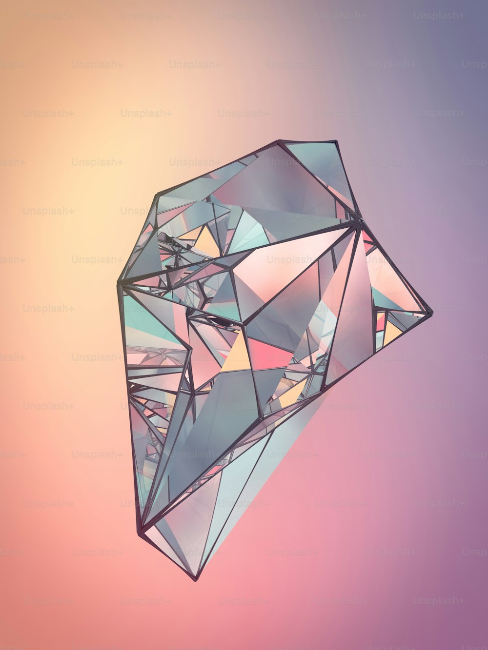 Polygonal shiny crystal on colored backdrop. Abstract background for your design. 3d rendering