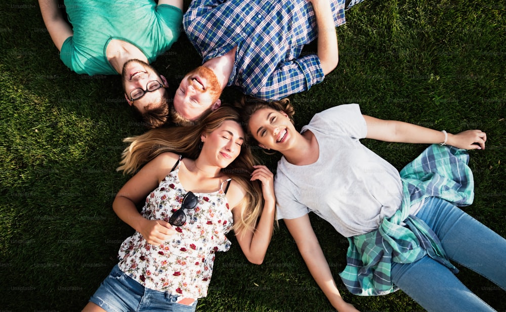 Happy joyful students lying in grass while and smiling