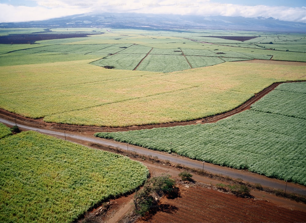 an aerial view of a road running through a field