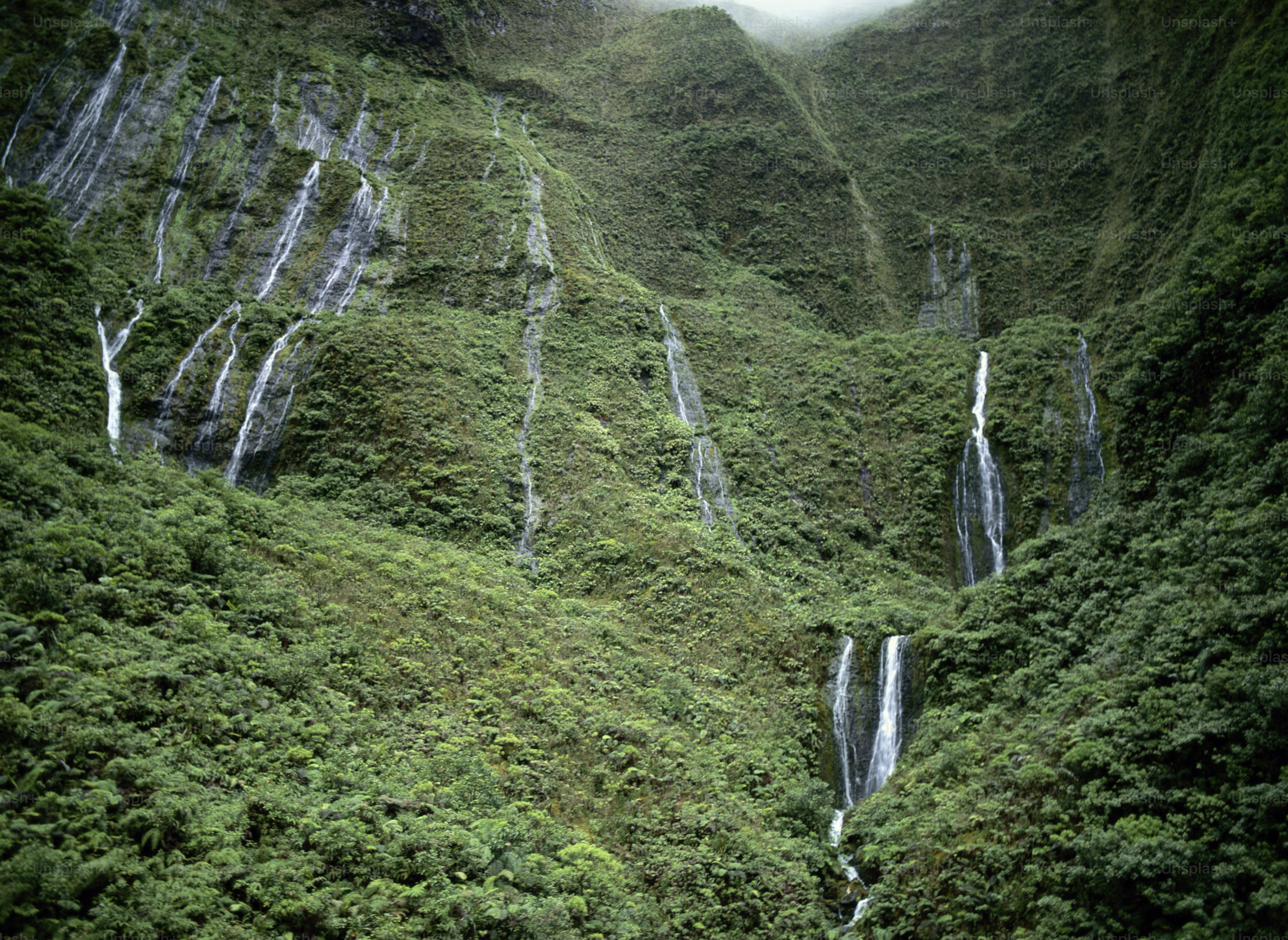 a lush green mountain side with a waterfall