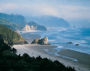 uma vista de uma praia com uma montanha ao fundo