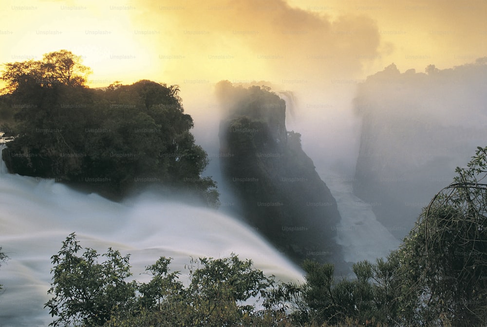 a large waterfall surrounded by trees in the middle of a forest