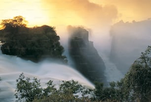 a large waterfall surrounded by trees in the middle of a forest