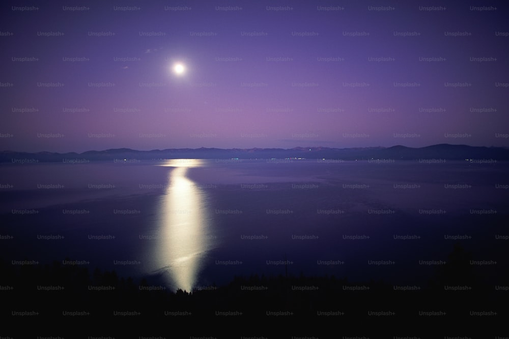 Une pleine lune est vue au-dessus d’un plan d’eau