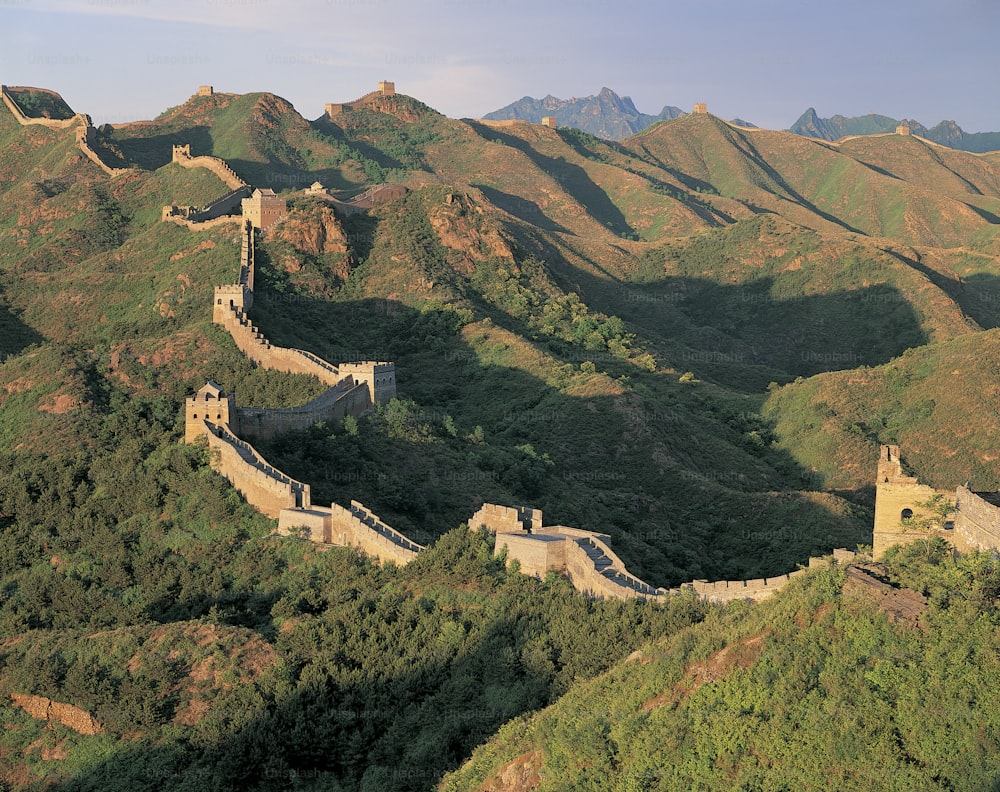 an aerial view of the great wall of china