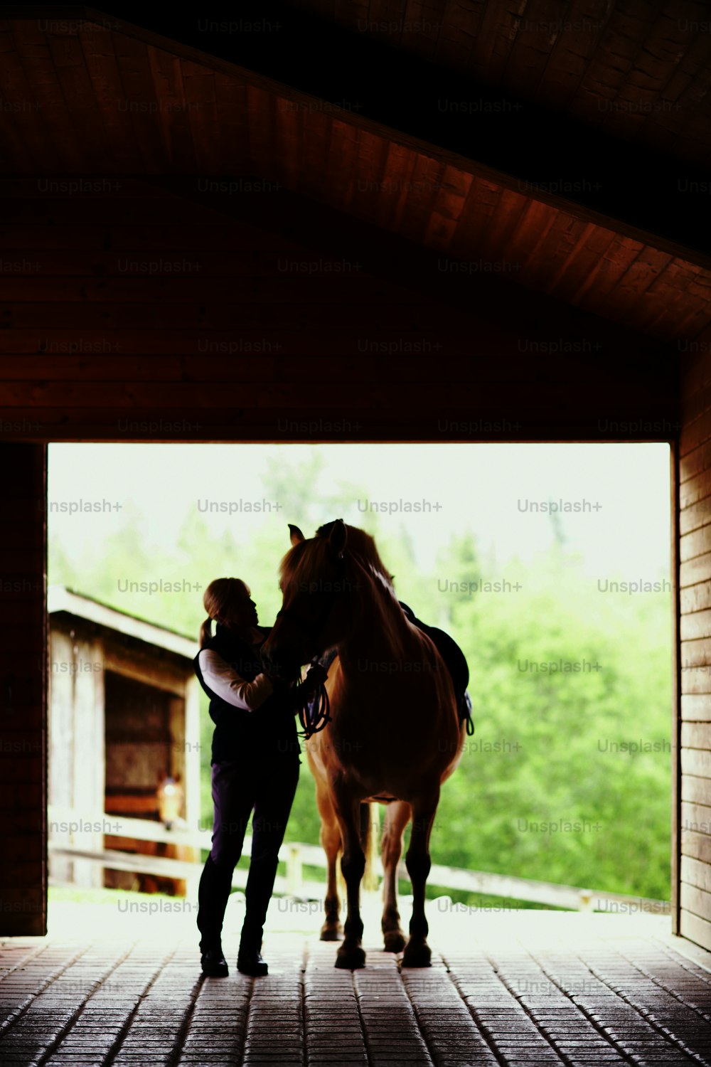 Eine Frau, die neben einem braunen Pferd steht