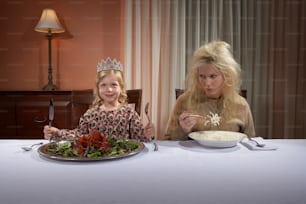 Muchacha con corona y comiendo langosta, mujer con el pelo alborotado comiendo pasta