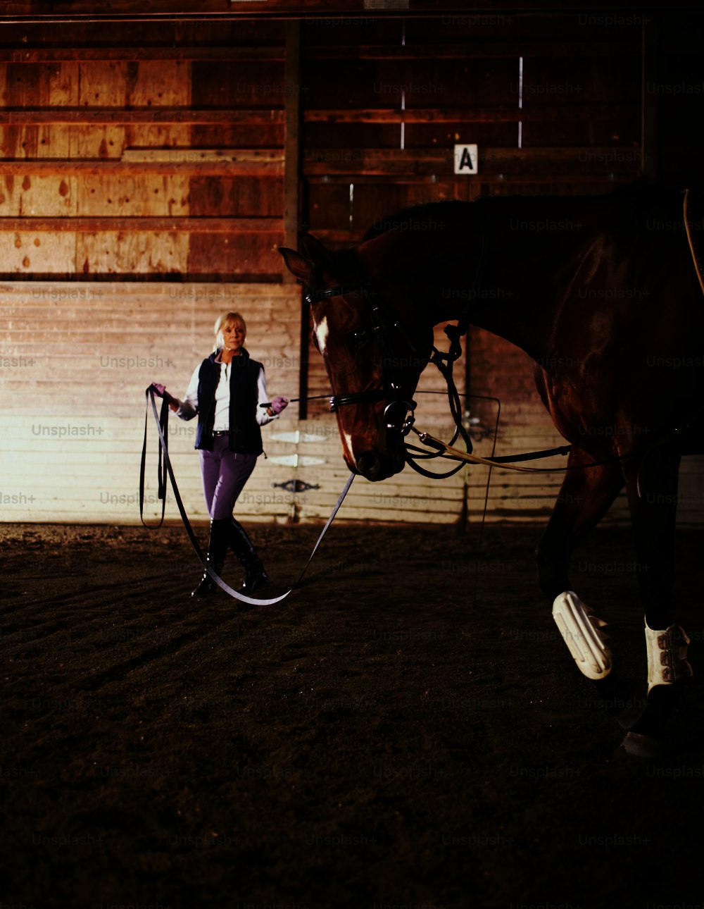 a woman leading a horse in an indoor arena