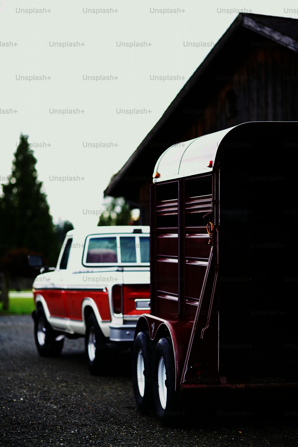 a red and white truck and a red and white truck