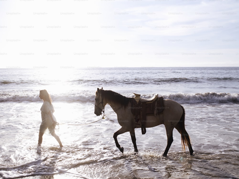 a woman walking a horse on the beach