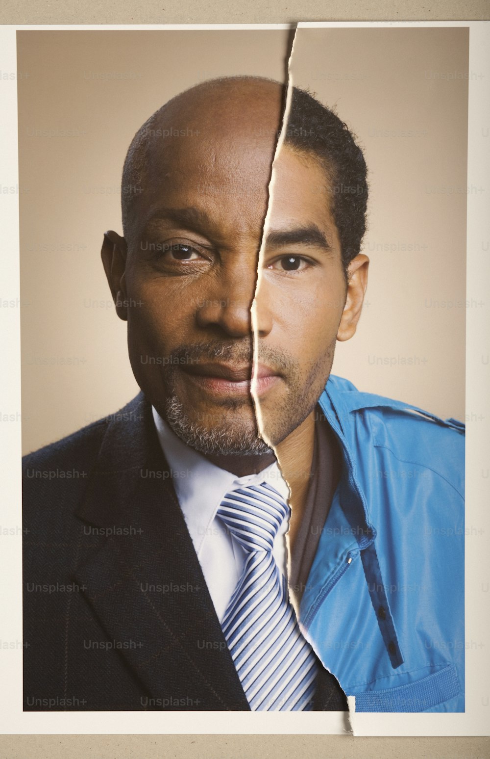 a man in a blue shirt and tie looking at the camera