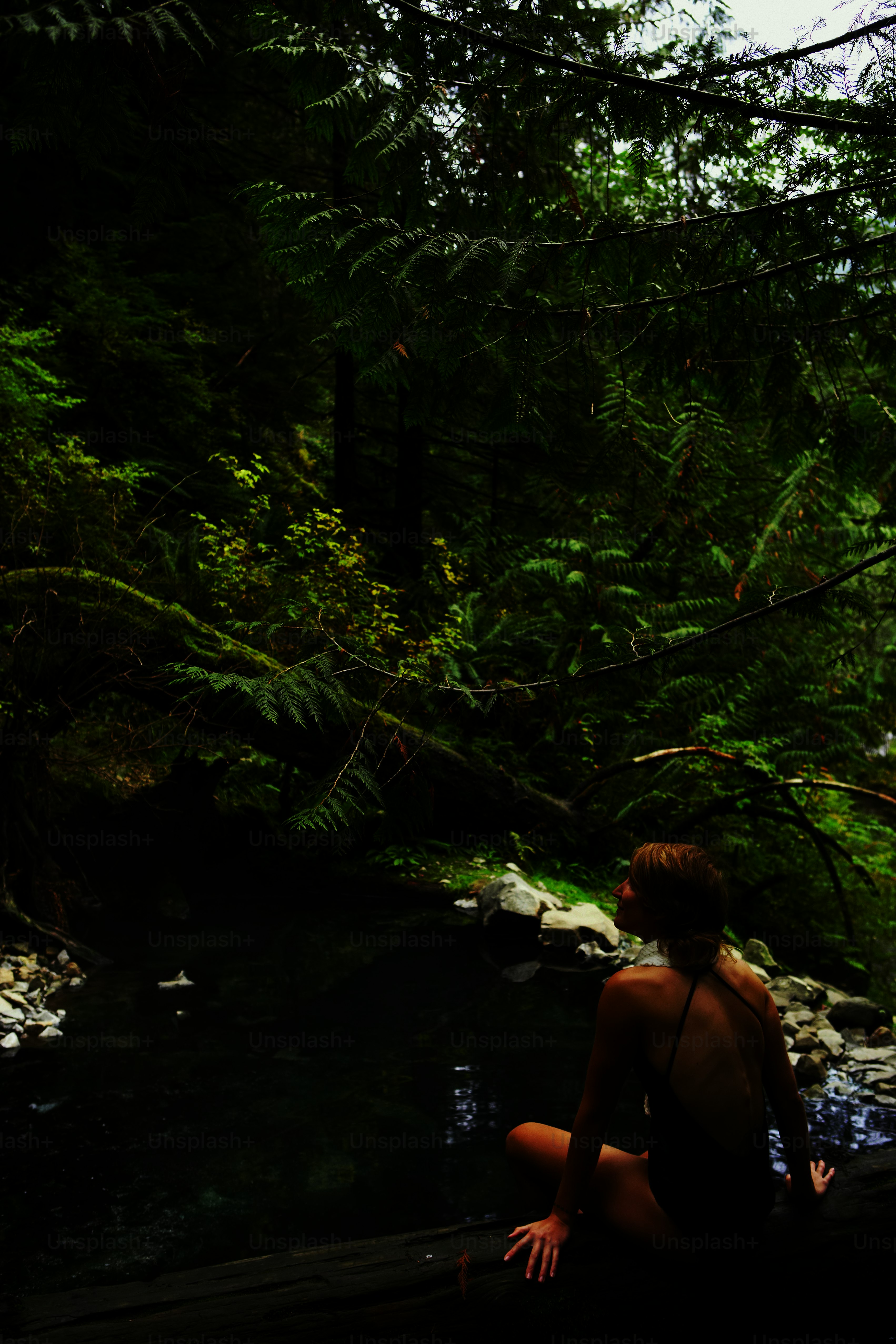 a woman sitting on a log in the woods
