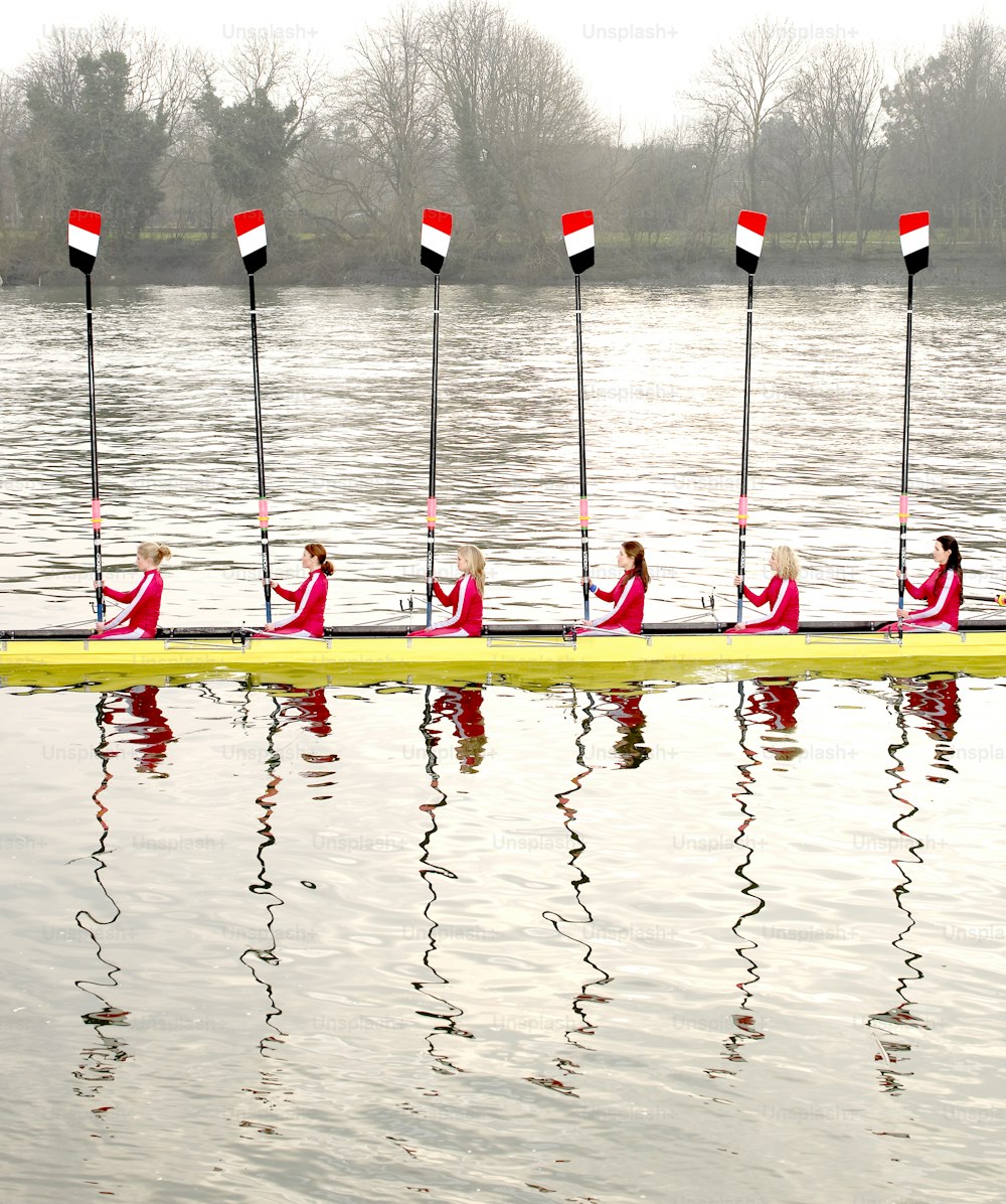 a row of people rowing a boat on a body of water