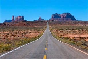 a long straight road in the middle of the desert