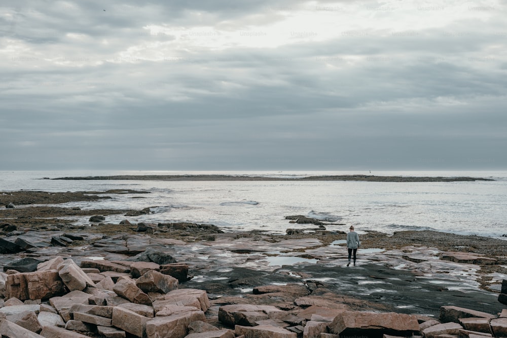 海の隣の岩だらけの海岸に立っている男