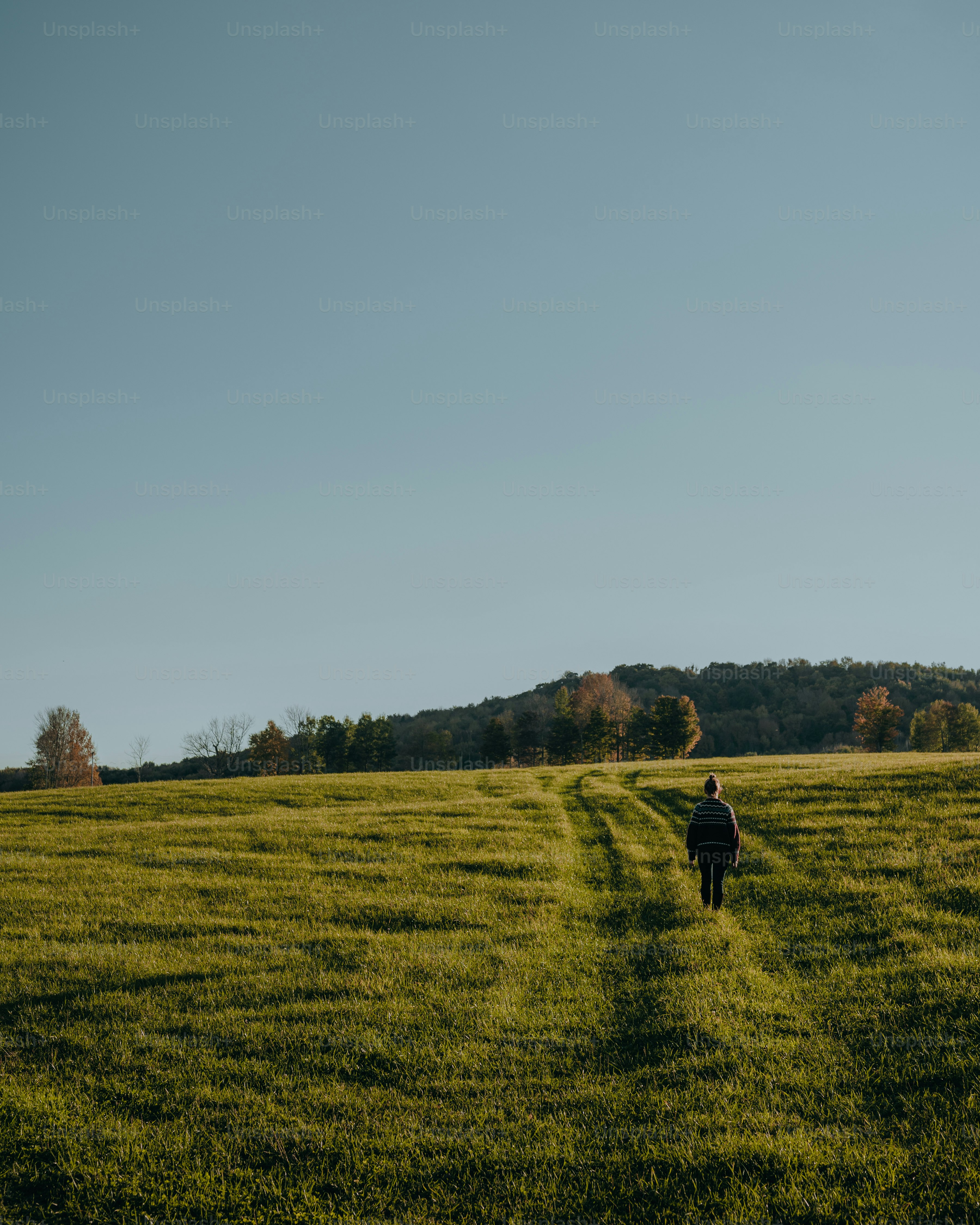 a person walking across a lush green field