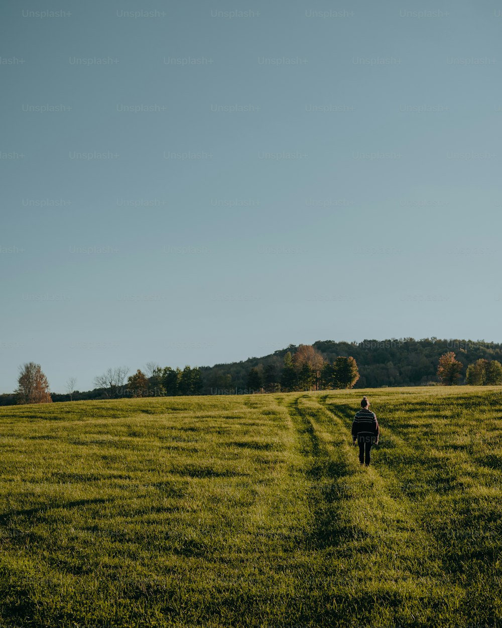 a person walking across a lush green field