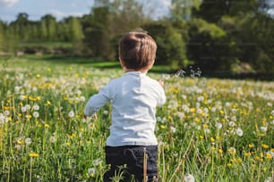 Un niño pequeño que está parado en la hierba
