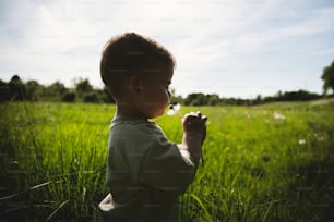 a little boy standing in a field blowing a dandelion