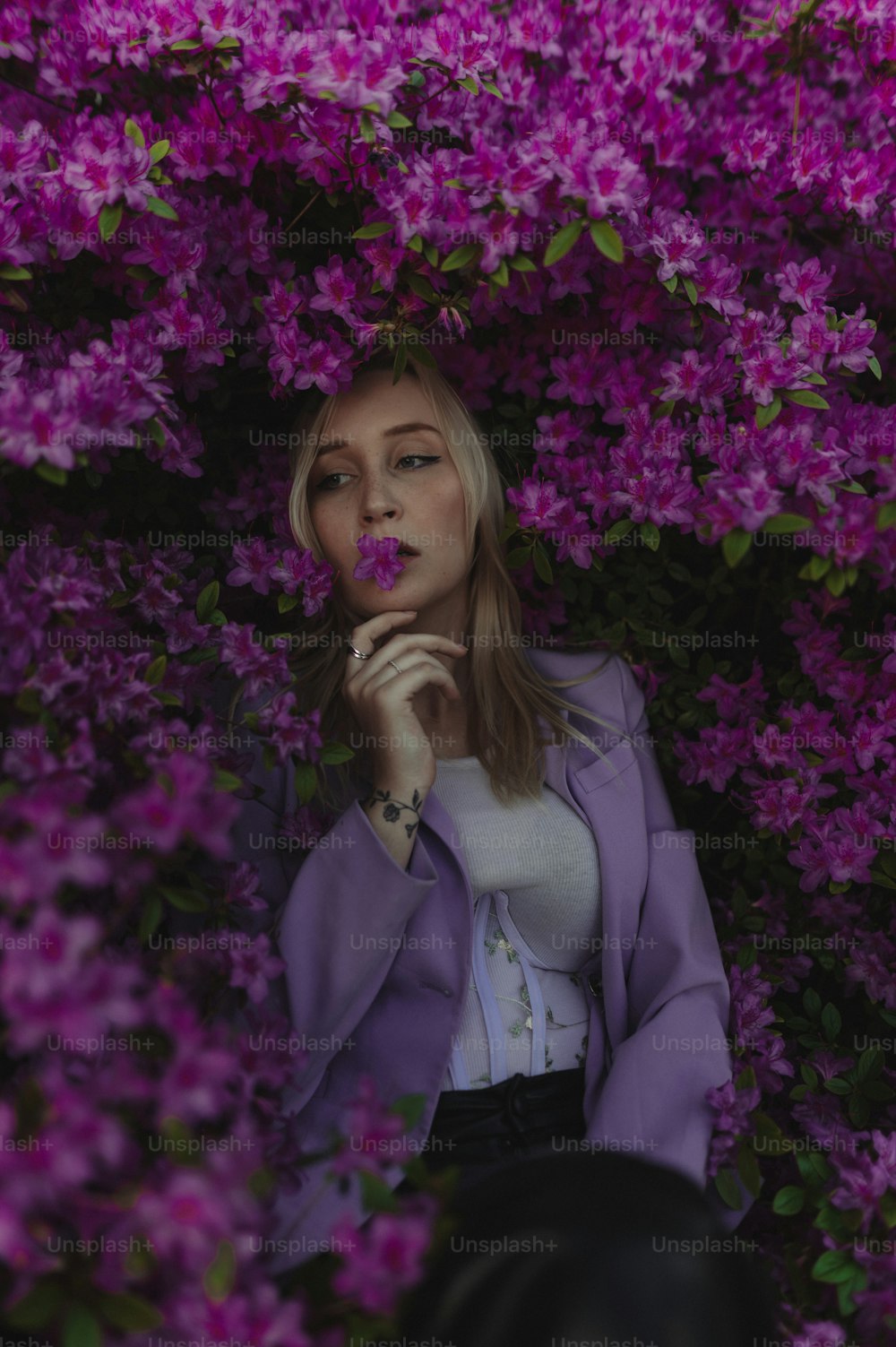 a woman is sitting in a bush of purple flowers