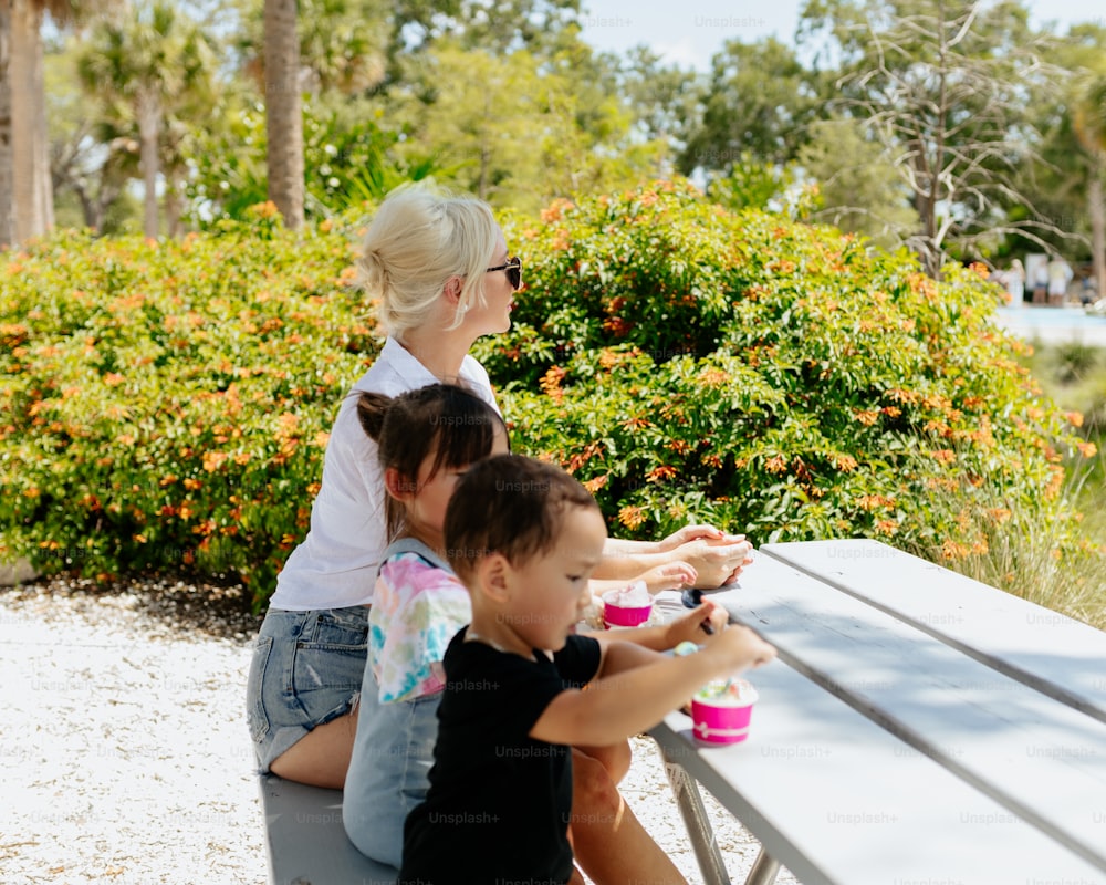 a woman and two children sitting at a picnic table